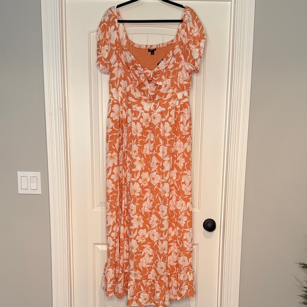 torrid Orange Floral Maxi Dress with tie front off the shoulder dress.